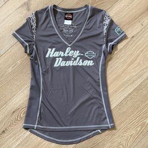 Harley Davidson Sport Women’s Top Size S Logo Gray Cap Sleeve From Graceland TN